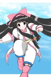 1girl black_eyes black_hair breasts fingerless_gloves gloves hair_ribbon highres leg_lift leg_up legs long_hair looking_at_viewer medium_breasts nakoruru outstretched_arm pants ribbon samurai_spirits smile snk solo the_king_of_fighters thighs very_long_hair weapon