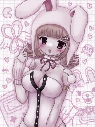 1girl :d animal_ears animal_hood bare_shoulders black_leotard blush bow breasts cleavage danganronpa_(series) danganronpa_2:_goodbye_despair ear_bow fake_animal_ears galaga game_boy handheld_game_console heart hood imydestination large_breasts leotard medium_hair mole mole_on_breast nanami_chiaki open_mouth pac-man playboy_bunny rabbit_ears rabbit_hood smile usami_(danganronpa) white_background white_leotard