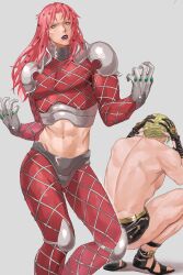 Rule 34 | 2boys, abs, argyle clothes, argyle pants, argyle shirt, back, black gloves, black sandals, black skirt, blonde hair, cosplay, diamond wa kudakenai, diavolo, gloves, gold belt, green eyes, grey panties, hands on own head, highres, in-franchise crossover, jojo no kimyou na bouken, killer queen, killer queen (cosplay), king crimson (stand), king crimson (stand) (cosplay), kira yoshikage, knee pads, long hair, makeup, male focus, midriff, miniskirt, multiple boys, muscular, muscular male, navel, panties, pants, parted lips, pink hair, purple lips, red pants, red shirt, rr9pt76u5phwgqx, sandals, shirt, short hair, shoulder pads, skirt, squatting, stand (jojo), teeth, topless male, turtleneck, underwear, vento aureo, white gloves