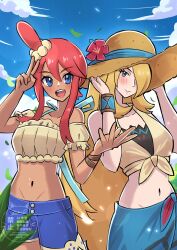 2girls absurdres backsine bikini bikini_under_clothes bikini_under_shorts blonde_hair blue_bikini blue_eyes blue_sarong blue_shorts blush breasts brown_hat closed_mouth collarbone crop_top cynthia_(pokemon) cynthia_(summer_2025)_(pokemon) denim denim_shorts flower flower_hat grey_eyes hair_ornament hair_over_one_eye hat hat_flower highres long_hair looking_at_viewer midriff multiple_girls navel nintendo off-shoulder_shirt off_shoulder official_alternate_costume one_side_up open_mouth outdoors pokemon pokemon_masters_ex red_hair sarong shirt shorts sidelocks sky skyla_(pokemon) skyla_(summer_2025)_(pokemon) smile straw_hat sun_hat swimsuit tied_shirt very_long_hair