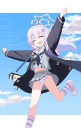 Rule 34 | 1girl, absurdres, ahoge, black jacket, black neckerchief, blue archive, blue hair, blue sky, closed eyes, cloud, cloudy sky, grey shirt, grey skirt, hair ornament, halo, highres, jacket, low ponytail, midriff, multicolored hair, nanju bami, neckerchief, open clothes, open jacket, open mouth, panties, pantyshot, pink hair, pink shoes, pleated skirt, ponytail, reisa (blue archive), sailor collar, shirt, shoes, skirt, sky, socks, solo, standard manufacturing dp-12, star (symbol), star hair ornament, star halo, striped clothes, striped panties, striped socks, underwear, weapon, white sailor collar