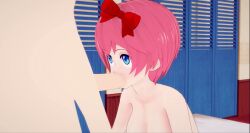 1boy 1girl 3d animated animated_gif blue_eyes bow breasts doki_doki_literature_club fellatio hair_bow hetero koikatsu_(medium) looping_animation medium_breasts nude oral pink_hair real_maincharacter red_bow sayori_(doki_doki_literature_club) short_hair silhouette