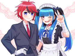 1boy 1girl alternate_hairstyle amemiya_darumi apron bandaged_wrist bandages black_bow black_hair black_suit blue_eyes blue_hair blush bow ear_piercing face_piercing gloves heart lip_piercing looking_at_viewer maid_apron maid_headdress multicolored_hair one_eye_closed peace_symbol piercing pink_eyes red_hair safety_pin suit sumino_takumi the_hundred_line_-last_defense_academy- twintails upper_body white_background white_gloves