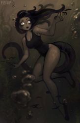 1girl absurdres air_bubble artist_name bare_arms bare_shoulders black_hair black_nails black_one-piece_swimsuit breasts bubble cleavage colored_skin commentary english_commentary full_body grey_skin highres leech leech_girl leech_queen_(matilda_fiship) long_hair looking_away matilda_fiship medium_breasts monster_girl nail_polish one-piece_swimsuit open_mouth original sharp_teeth solo swimsuit tail teeth tentacle_hair underwater white_eyes