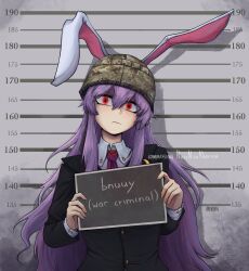 1girl absurdres album_cover_redraw animal_ears archirai artist_name black_jacket collared_shirt combat_helmet commentary commission derivative_work dress_shirt english_commentary english_text grey_background hands_up helmet highres holding holding_sign jacket long_hair long_sleeves necktie purple_hair rabbit_ears rabbit_girl red_necktie reisen_udongein_inaba shirt sign solo touhou upper_body white_shirt