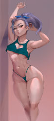 1girl absurdres alternate_costume bare_shoulders breasts cleavage_cutout clothing_cutout curvy female_focus highres jericho_(nanatsu_no_taizai) large_breasts looking_at_viewer nanatsu_no_taizai panties purple_hair sideboob solo stretching underboob underwear yellow_eyes