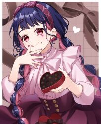 1girl blue_hair border bow box box_of_chocolates brown_bow chocolate closed_mouth facial_mark food food_on_face grid_background hair_ornament hairclip heart heart_facial_mark high_collar highres holding holding_chocolate holding_food long_hair long_sleeves multi-tied_hair multicolored_hair nail_polish original pink_eyes pink_hair pink_nails red_skirt sa_kura_maru shirt shirt_tucked_in skirt smile solo tongue tongue_out two-tone_hair white_border white_bow white_shirt