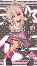 1girl ahoge artist_name bambi2000line belly black_background black_coat black_collar black_gloves black_shoes black_thighhighs blush brown_eyes chestnut_mouth coat cocked_eyebrow collar collarbone commentary crop_top double_bun double_finger_gun finger_gun fingerless_gloves flat_chest full_body gloves hair_bun headset highres knees_together_feet_apart leg_warmers long_sidelocks long_sleeves looking_at_viewer midriff miniskirt multicolored_coat navel onii-chan_wa_oshimai! open_clothes open_coat open_mouth oyama_mahiro pink_coat pink_hair pink_leg_warmers pleated_skirt polka_dot polka_dot_background print_thighhighs shoes short_hair_with_long_locks sidelocks single_thighhigh skirt solo spider_web_print standing star_(symbol) tank_top thigh_strap thighhighs two-tone_coat white_tank_top