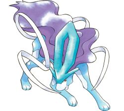 :&lt; animal_focus full_body gen_2_pokemon highres horns legendary_pokemon long_hair looking_at_viewer multiple_tails nintendo no_humans non-web_source official_art open_mouth pokemon pokemon_(creature) pokemon_gsc red_eyes simple_background solo sugimori_ken suicune tail transparent_background walking