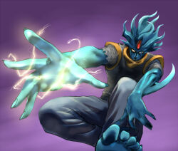 1boy abosirom arm_blade baoh baoh_raihousha barefoot blue_skin colored_skin commentary commentary_request electricity feet floating_hair forehead_jewel foreshortening gem grey_pants grey_shirt male_focus no_pupils pants purple_background red_gemstone shirt short_sleeves solo torn_clothes torn_sleeves weapon white_eyes