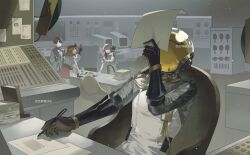 Rule 34 | 1girl, 1other, 2boys, ^ ^, artist name, black gloves, brown hair, bulletin board, card, chair, closed eyes, coat, colored tips, commission, cup, desk, facing another, facing up, ferrofluid, fishbowl helmet, gloves, grey gloves, grey hair, hand on table, hand up, highres, holding, holding card, holding paper, holding pen, id card, indoors, jumpsuit, male focus, medicine pocket, miniskirt, monitor, mug, multicolored hair, multiple boys, object head, on chair, open mouth, paper, pen, red skirt, regulus (reverse:1999), reverse:1999, science fiction, short hair, sitting, skirt, solo focus, ulrich (reverse:1999), upper body, white coat, white gloves, white hair, white jumpsuit, x (reverse:1999), yellow eyes, zhima xing bingle