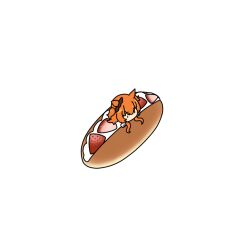 1girl animal_ears bow bread chibi cream ear_bow food fruit horse_ears in_food kashinoki_(koaaski) koppepan_(food) long_hair mayano_top_gun_(umamusume) orange_hair solo strawberry two_side_up umamusume white_background