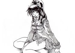 1girl :p absurdres barefoot blush bow breasts cleavage female_focus hair_bow highres long_hair medium_breasts mitsurugi_ryouko monochrome pace007 pleated_skirt ponytail real_bout_high_school school_uniform sitting skirt solo tongue tongue_out torn_clothes torn_skirt yokozuwari