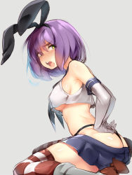 1girl :o animal_ears arms_behind_back ass back bare_shoulders black_panties blush boots borrowed_character breasts clothes_pull cosplay crop_top crop_top_overhang elbow_gloves enki_(dragonfire) eyebrows fake_animal_ears female_focus from_side gloves green_eyes grey_background grey_boots hairband highleg highleg_panties highres kantai_collection large_breasts long_hair looking_at_viewer microskirt midriff naso4 neckerchief nose_blush open_mouth original panties pink_eyes pleated_skirt purple_hair rabbit_ears red_thighhighs ryn_(enki) school_uniform serafuku shimakaze_(kancolle) shimakaze_(kancolle)_(cosplay) shiny_skin shirt sideboob simple_background sitting sketch skirt skirt_pull sleeveless sleeveless_shirt solo striped_clothes striped_thighhighs thick_eyebrows thick_thighs thighhighs thighs thong underboob underwear wariza white_gloves white_thighhighs zettai_ryouiki