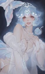 1girl absurdres aged_up bao_(vtuber) bare_shoulders blue_hair bow breasts cetacean_tail cleavage collarbone commentary detached_sleeves dress drinking_straw english_commentary fins fish_tail highres indie_virtual_youtuber jewelry large_breasts lips looking_at_viewer medium_hair necklace nose panties pearl_necklace red_eyes see-through_clothes see-through_dress see-through_sleeves smile solo tail tail_bow tail_ornament thigh_gap underwear virtual_youtuber white_bow white_panties yuki_lu