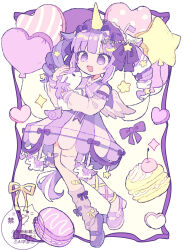 1girl animal_ears asymmetrical_legwear balloon bandaid bandaid_on_leg bow bow_legwear cherry collared_dress commentary dress drill_hair food fruit full_body hair_ornament hair_ribbon hairband heart heart_balloon highres holding holding_stuffed_toy horse_ears horse_tail kanamochi_kanato lolita_hairband long_hair long_sleeves macaron mary_janes open_mouth original pink_thighhighs purple_bow purple_dress purple_eyes purple_hair purple_hairband purple_ribbon purple_shoes purple_socks ribbon shoes smile socks solo star_(symbol) star_balloon star_hair_ornament stuffed_toy stuffed_unicorn tail thighhighs twin_drills uneven_legwear unicorn_girl unicorn_horn white_hair yellow_bow yume_kawaii