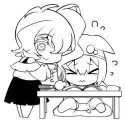 &gt;_&lt; 2girls aged_down black_outline book chibi chibi_only greyscale kure_kirika long_hair looking_at_another lowres mahou_shoujo_madoka_magica mahou_shoujo_oriko_magica mikuni_oriko monochrome multiple_girls mura_kuroe one_eye_covered outline table white_background