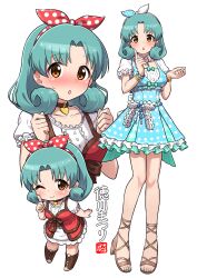 1girl absurdres blush boots breasts brown_boots brown_eyes brown_sandals chibi choker collarbone green_hair green_nails hairband heart heart_choker high_heels highres idolmaster idolmaster_million_live! index_finger_raised knee_boots looking_at_viewer medium_breasts multiple_views my_pace_unit_(idolmaster) ngetyan one_eye_closed open_mouth revision sandals short_hair short_sleeves simple_background tokugawa_matsuri white_background