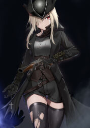 1girl antique_firearm black_coat black_gloves black_pantyhose black_thighhighs blonde_hair bloodborne breasts brown_corset coat corset cross cross_necklace firearm firelock flintlock fog gloves gun hair_over_one_eye handgun hat highres holding holding_gun holding_weapon jewelry jiseki_rena large_breasts leather_corset looking_at_viewer necklace original pantyhose red_eyes short_hair simple_background thighhighs thighs torn_clothes torn_pantyhose torn_thighhighs tricorne vambraces vampire weapon