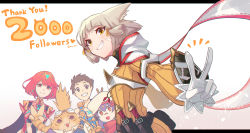 1boy 3girls :d absurdres animal_ears blunt_bangs bodysuit brown_eyes brown_hair cat_ears english_text gloves goggles goggles_on_head grin hat hey_cre highres multiple_girls nia_(xenoblade) nopon open_mouth orange_eyes poppi_(xenoblade) poppi_alpha_(xenoblade) pyra_(xenoblade) red_hair rex_(xenoblade) short_hair silver_hair simple_background smile tiara tora_(xenoblade_2) upper_body v white_background white_gloves xenoblade_chronicles_(series) xenoblade_chronicles_2 yellow_bodysuit yellow_eyes