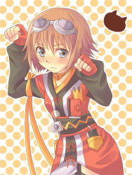 Rule 34 | 00s, 1girl, blush, bob cut, brown hair, cubexcube, female focus, fingerless gloves, gloves, goggles, goggles on head, green eyes, paw pose, polka dot, polka dot background, rita mordio, short hair, solo, tales of (series), tales of vesperia, thighhighs