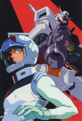 1980s_(style) 1990s_(style) 1boy aiming aiming_at_viewer amuro_ray astronaut beam_rifle commentary earth_federation energy_gun english_commentary glint gloves gundam helmet highres key_visual mecha mobile_suit mobile_suit_gundam official_art oldschool pilot pilot_helmet pilot_suit promotional_art retro_artstyle robot rx-78-2_gundam scan science_fiction signature spacesuit traditional_media upper_body v-fin weapon yamane_masahiro_(mecha_artist)