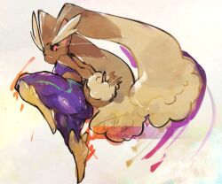 1girl adversarial_noise animal_nose arms_behind_back artist_name bare_shoulders barefoot black_sclera body_fur brown_fur colored_sclera eye_trail female_focus from_side full_body furry furry_female gen_4_pokemon green_trim leg_up leggings light_trail long_animal_ears looking_back looking_down lopunny midriff nintendo no_feet pokemon pokemon_(creature) purple_leggings purple_sports_bra rabbit_ears rabbit_girl rabbit_tail red_eyes short_tail signature sketch skin_tight solo sports_bra standing standing_on_one_leg tail thick_thighs thighs thwillartz twitter_username two-tone_fur white_background yellow_fur