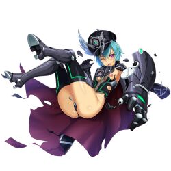 1girl armor ass beige_skin blue_hair blush boots breasts cape coat damaged floating full_body gauntlet medium_breasts nanatsu_no_bitoku navel nipple_slip nipples one_eye_closed open_mouth oversized_object sandalphon_(nanatsu_no_bitoku) see-through_clothes short_hair soles thighhighs torn_clothes transparent_background