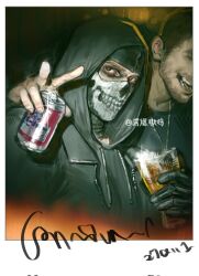 Rule 34 | 2boys, alcohol, arm around shoulder, arm up, beard, beer can, black gloves, black hoodie, black shirt, brown eyes, brown hair, call of duty, call of duty: modern warfare 2, can, chinese commentary, commentary, cup, drawstring, drink can, english commentary, facial hair, ghost (modern warfare 2), glass, gloves, head out of frame, highres, holding, holding can, holding cup, hood, hood up, hoodie, jewelry, jiangbaoaowu, lapels, looking at viewer, male focus, mask, mixed-language commentary, mouth mask, multiple boys, necklace, open mouth, polaroid photo, shirt, sideburns, skull print, soap (modern warfare 2), solo focus, teeth