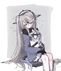 Rule 34 | 1girl, arknights, black gloves, blonde hair, blush, breasts, closed mouth, commentary request, dot mouth, double-parted bangs, dress, feet out of frame, gloves, hair between eyes, hair flowing over, half-closed eyes, hands on lap, highres, indigo (arknights), infection monitor (arknights), invisible chair, jacket, long hair, looking down, medium breasts, pointy ears, purple eyes, purple jacket, purple tail, sitting, snake girl, snake tail, solo, tail, very long hair, white dress, y (negima)