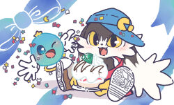 1boy atelier_macaron blue_hat blush brown_shoes confetti cupcake fang food furry furry_male happy hat highres holding holding_plate huepow kaze_no_klonoa klonoa one_eye_closed open_mouth plate rayman_limbs shoes sideways_hat yellow_eyes