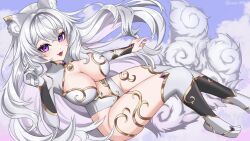 1girl animal_ear_fluff animal_ears artist_name bell breasts cat_ears cat_girl cat_tail center_opening cleavage commentary commission crossed_bangs double-parted_bangs english_commentary foot_out_of_frame gold_trim groin hair_between_eyes hair_intakes hand_up haori903 highleg highleg_leotard highres indie_virtual_youtuber large_breasts leotard long_hair multiple_tails navel neck_bell nyx_nekota open_mouth purple_eyes sleeved_leotard smile solo tail thighhighs twitter_username vgen_commission virtual_youtuber white_background white_hair white_leotard white_thighhighs