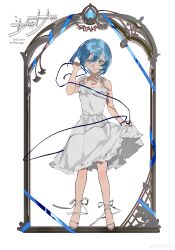 1girl absurdres alternate_costume ankle_ribbon bare_arms bare_legs bare_shoulders blue_eyes blue_hair blue_nails blue_ribbon brown_pupils character_name dress expressionless eyelashes frilled_dress frills full_body grey_sandals heart heart-shaped_pupils high_heel_sandals highres holding holding_ribbon leg_ribbon mahou_shoujo_madoka_magica mahou_shoujo_madoka_magica_(anime) medium_dress miki_sayaka nail_polish ouge_dz parted_lips picture_frame ribbon sandals short_hair simple_background skirt_hold sleeveless sleeveless_dress solo soul_gem spaghetti_strap standing straight-on sundress symbol-shaped_pupils toes watermark weibo_watermark white_background white_dress white_ribbon wrist_ribbon