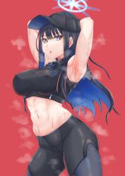 1girl absurdres armpits arms_behind_head baseball_cap blue_archive blue_eyes blue_hair breasts cameltoe covered_erect_nipples halo hat highres large_breasts legs long_hair looking_at_viewer lucienroseta midriff navel pants parted_lips pink_lips saori_(blue_archive) smell solo sweat thighs toned tongue