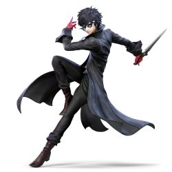 1boy 3d absurdres amamiya_ren black_hair boots brown_footwear coat gloves highres holding holding_knife knife male_focus mask nintendo official_art pants persona persona_5 red_gloves reverse_grip smile super_smash_bros. trench_coat