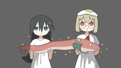 2girls artist_request bad_id bad_pixiv_id blonde_hair blue_eyes eel egg grey_background hair_between_eyes hat highres homage long_hair multiple_girls mushroom object_on_head orange_eyes parody santa_hat shimeji_simulation simple_background stuffed_animal stuffed_toy sunny_side_up_egg tsukishima_shijima yamashita_majime