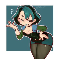 1girl ? aqua_background aqua_hair aqua_skirt artist_name black_hair black_pantyhose black_shirt black_skirt blue_shirt border breasts bright_pupils choker cleavage goth_fashion green_shirt gwen_(total_drama) hand_on_own_hip large_breasts looking_at_viewer multicolored_hair multicolored_shirt outside_border pantyhose pripunt shirt short_hair simple_background skirt solo total_drama two-tone_hair two-tone_skirt white_border white_pupils