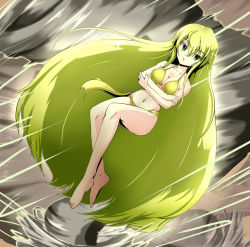 1990s_(style) 1girl barbariccia barefoot bikini blonde_hair crossed_arms feet female_focus final_fantasy final_fantasy_iv floating green_bikini green_eyes legs long_hair maguro_(fufu) navel open_mouth retro_artstyle solo square_enix storm swimsuit toes tornado very_long_hair