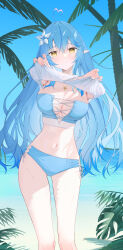 Rule 34 | 1girl, absurdres, ahoge, aki uzuki3, alternate costume, beach, bikini, blue bikini, blue eyes, blue hair, blue sky, breasts, cleavage, closed mouth, clothes lift, colored tips, commentary request, cowboy shot, cross-laced bikini, cross-laced clothes, crossed bangs, day, double-parted bangs, elf, flower, hair between eyes, hair flower, hair ornament, heart, heart ahoge, highres, hololive, large breasts, long hair, looking at viewer, multicolored hair, nail polish, navel, necktie, ocean, outdoors, palm tree, pointy ears, sand, shirt, shirt lift, side-tie bikini bottom, sky, slippers, solo, standing, stomach, strapless, strapless bikini, streaked hair, swimsuit, toenail polish, toenails, tree, very long hair, virtual youtuber, water, white flower, white shirt, yellow eyes, yukihana lamy