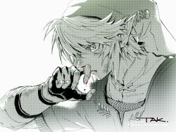 Rule 34 | 1boy, blood, blood on face, earrings, fingerless gloves, gloves, jewelry, layered clothes, link, male focus, monochrome, nintendo, phrygian cap, pointy ears, sidelocks, smile, solo, spot color, swept bangs, tak (karasuki), the legend of zelda, the legend of zelda: twilight princess, tunic