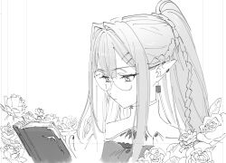 Rule 34 | 1girl, baobhan sith (fate), baobhan sith (swimsuit pretender) (second ascension) (fate), book, braid, earrings, fate/grand order, fate (series), glasses, grey eyes, greyscale, highres, ikezawa shin, jewelry, long hair, monochrome, pointy ears, ponytail, reading, round eyewear, shirt, sidelocks, solo