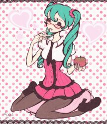 Rule 34 | 1girl, alternate costume, apple, aqua hair, blush, border, breasts, corset, eyelashes, fingernails, food, fruit, glasses, hair ornament, hair scrunchie, hatsune miku, heart, high heels, highres, holding, holding food, holding fruit, lace, lace border, lilitafaery, long fingernails, long hair, miniskirt, necktie, ornate border, pale skin, pantyhose, pillow, pink corset, pink lips, ringlets, scrunchie, shirt, sitting, skirt, solo, twintails, vocaloid, wariza