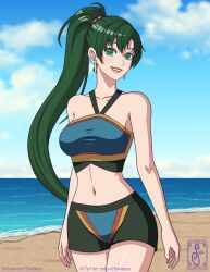 1girl ahoge armpit_crease arms_at_sides artist_logo beach boyshort_panties bra breasts collarbone day earrings female_focus fingernails fire_emblem fire_emblem_warriors green_eyes green_hair halterneck happy highres intelligent_systems jewelry legs lips logo long_hair looking_at_viewer lyn_(fire_emblem) matching_hair/eyes matching_underwear medium_breasts midriff navel neck nintendo ocean official_alternate_costume official_underwear outdoors panties parted_lips patreon_username ponytail print_bra print_panties public_indecency shiny_skin sidelocks sky smile sokloeum sports_bra standing stomach thighs turning_head twitter_username underwear underwear_only