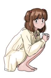 bare_legs barefoot blush brown_eyes brown_hair coffee_mug collared_shirt cup highres looking_at_viewer maison_ikkoku mug poppowerhearts shirt short_twintails squatting twintails white_shirt yagami_ibuki
