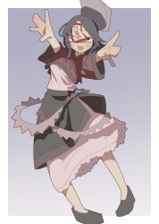 Rule 34 | 1girl, :d, absurdres, breasts, commentary, dress, dress under shirt, dress under skirt, english commentary, from6fu, full body, grey background, grey eyes, grey hair, grey hat, grey shoes, grey skirt, hat, highres, jiangshi, looking at viewer, miyako yoshika, neck ribbon, newsboy cap, ofuda, open mouth, outstretched arms, pink dress, red shirt, ribbon, shirt, shirt over dress, shoes, short hair, short sleeves, skirt, small breasts, smile, solo, standing, touhou, zombie pose