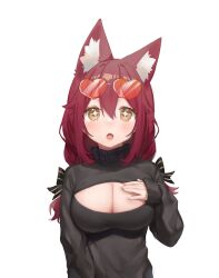 Rule 34 | 1girl, :o, animal ear fluff, animal ears, black sweater, blurry, blush, bow, breasts, chinese commentary, chromatic aberration, cleavage, cleavage cutout, clothing cutout, commentary request, depth of field, eyewear on head, fox ears, fox girl, hair bow, hand on own chest, heart, heart-shaped eyewear, highres, large breasts, long hair, looking at viewer, miyayoki, open-chest sweater, open mouth, original, red hair, simple background, solo, sunglasses, sweater, turtleneck, twintails, upper body, white background, wrinkled fabric, yellow eyes