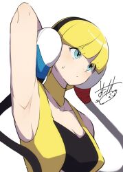 1girl arm_behind_head armpits bandeau bare_arms black_bandeau blonde_hair blue_eyes blunt_bangs breasts choker collarbone dress elesa_(pokemon) low_neckline medium_breasts mituyota_76 nintendo pokemon pokemon_bw short_hair sleeveless sleeveless_dress solo sweatdrop upper_body yellow_choker yellow_dress