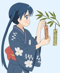 1girl blue_background blue_eyes blue_hair censored closed_mouth feet_out_of_frame female_focus flower highres holding japanese_clothes kimono kin-iro_mosaic komichi_aya long_hair long_sleeves simple_background smile solo standing tanabata twintails yamana152111 yukata