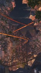blue_sky building chimney city cityscape cloud gradient_sky hanging_bridge highres ivy night no_humans original outdoors scenery sky star_(sky) starry_sky tree waisshu_(sougyokyuu) walkway window