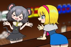 &gt;_&lt; 2girls :d alice_margatroid animal_ears blonde_hair blue_dress blue_eyes blurry blurry_background blush capelet closed_eyes commentary_request cookie_(touhou) counter cowboy_shot dress grey_hair grey_skirt grey_vest hairband highres ichigo_(cookie) jewelry leaning_forward looking_at_another milk_carton mouse_ears mouse_girl mouse_tail multiple_girls nazrin necklace nyon_(cookie) open_mouth pendant pro55h red_hairband shirt short_hair skirt skirt_set sleeveless sleeveless_shirt smile tail touhou vest white_capelet xd